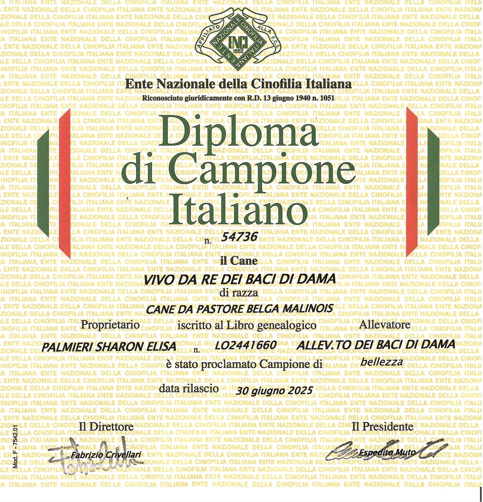 VIVO DA RE DEI BACI DI DAMA CAMPIONE ITALIANO DI BELLEZZA